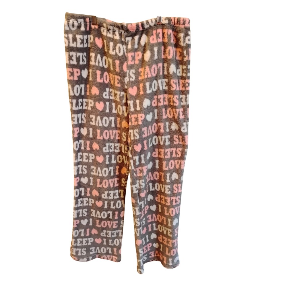 Just Be I Love Sleep Fleece Pajama Pants Grey Pink Hearts Large